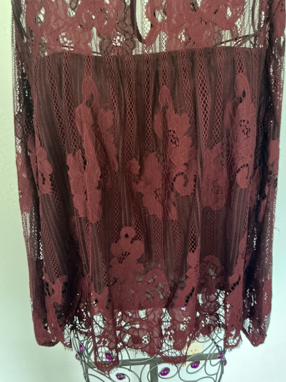 Xhilaration Burgundy Lace High-Neck Long-Sleeve Blouse - Picture 3 of 8